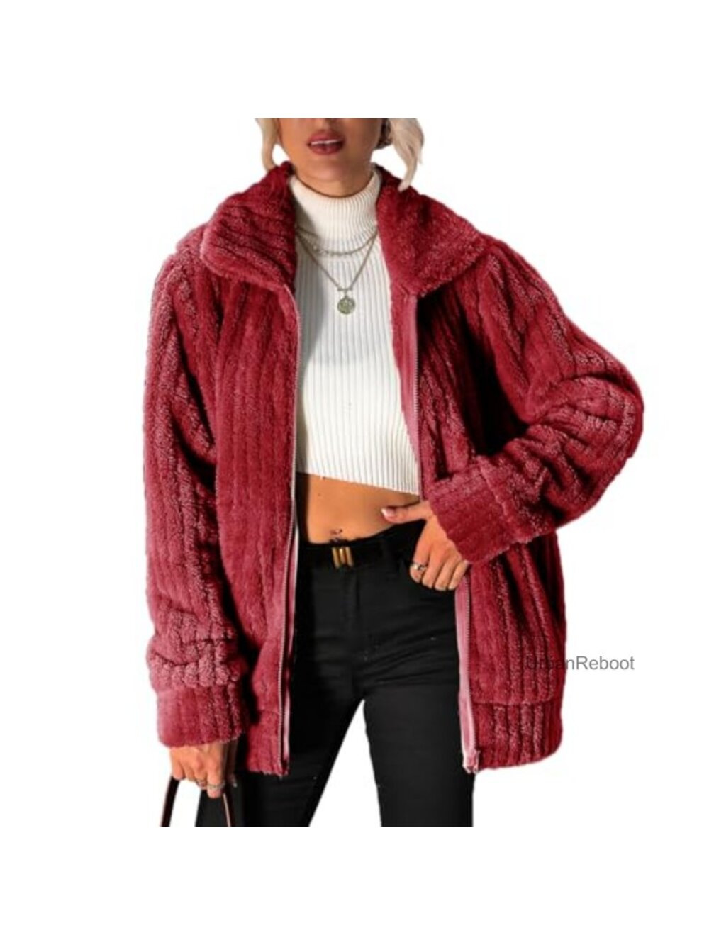 Fleece Jacket Full Zip Long Sleeve Lapel Collar Sherpa Coat with Pockets